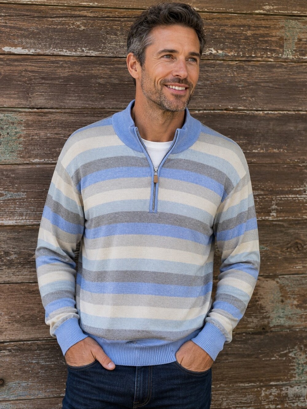 Peter Millar Merino Wool Linen Striped Quarter Zip Sweater Large